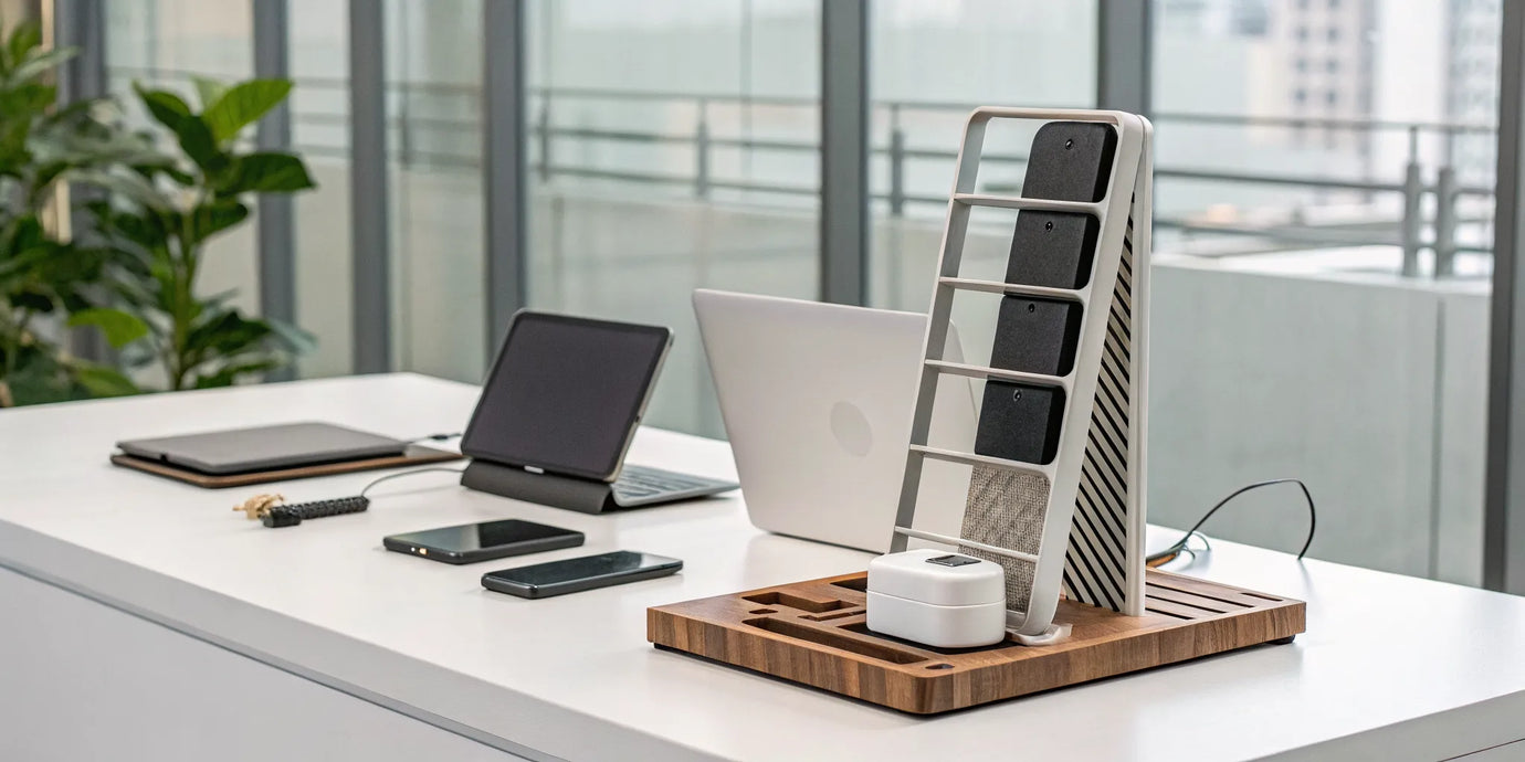 Multi-device charging stand decluttering a desk by powering a phone, watch, and other tech accessories.