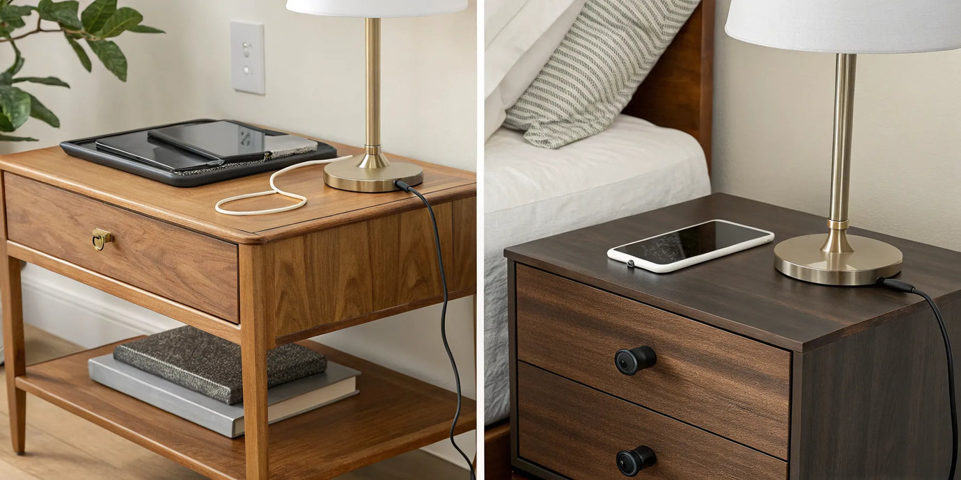 An organized nightstand charging station with devices charging and cables hidden for a clutter-free look.
