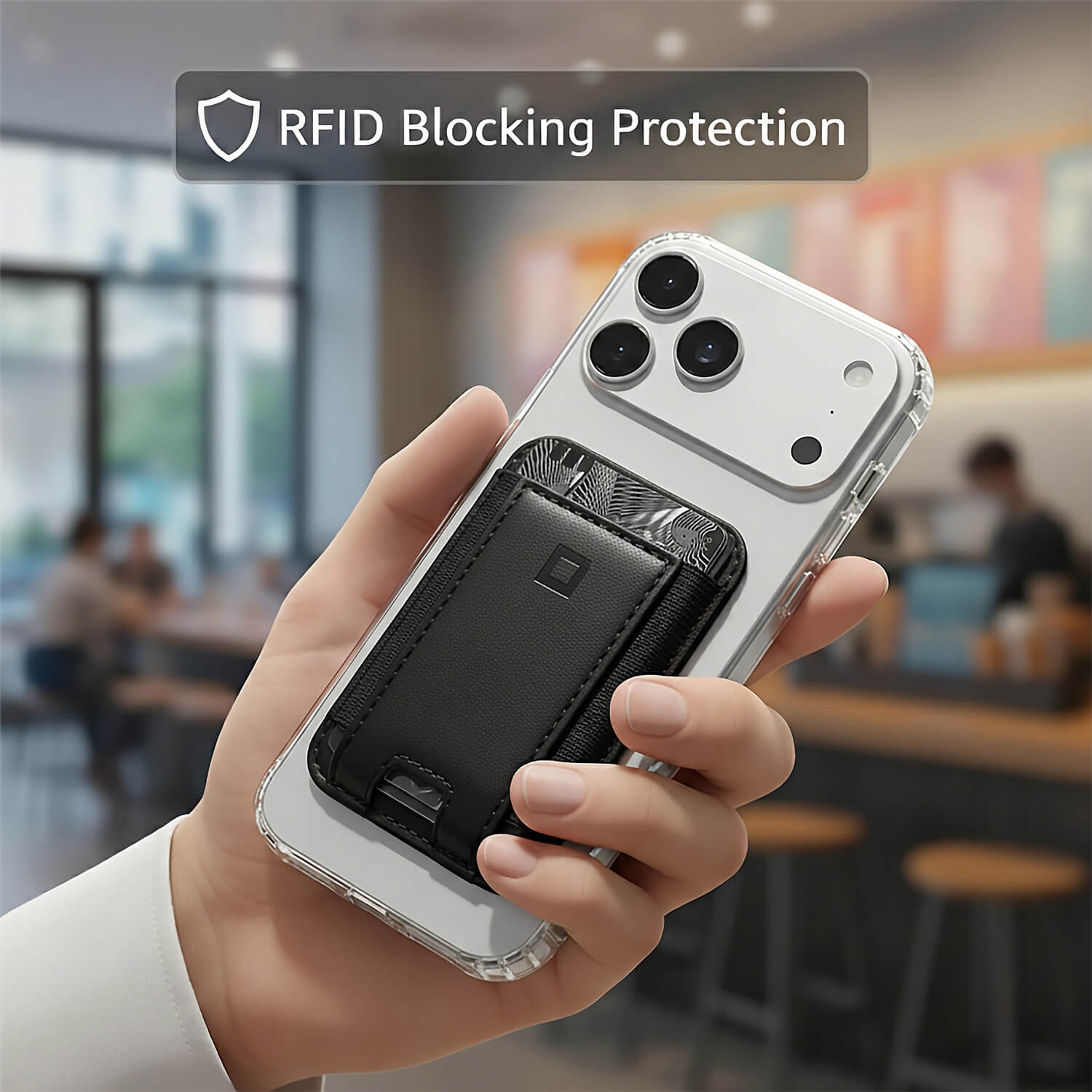 A selection of leather iPhone MagSafe card holder wallets in black, gray, and brown.