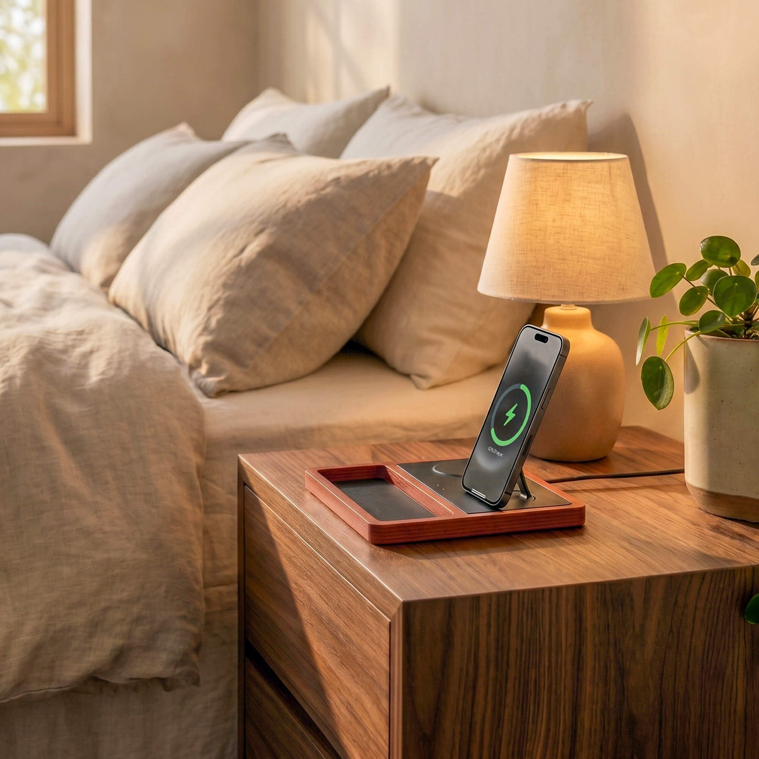Handcrafted wood and leather charging station holding an iPhone and AirPods in a warm modern home setting