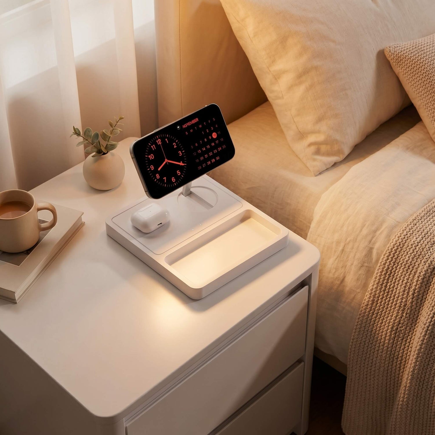 Apple Watch charging in nightstand mode on a premium wood stand with warm ambient lighting