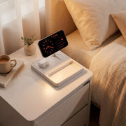 Apple Watch charging in nightstand mode on a premium wood stand with warm ambient lighting
