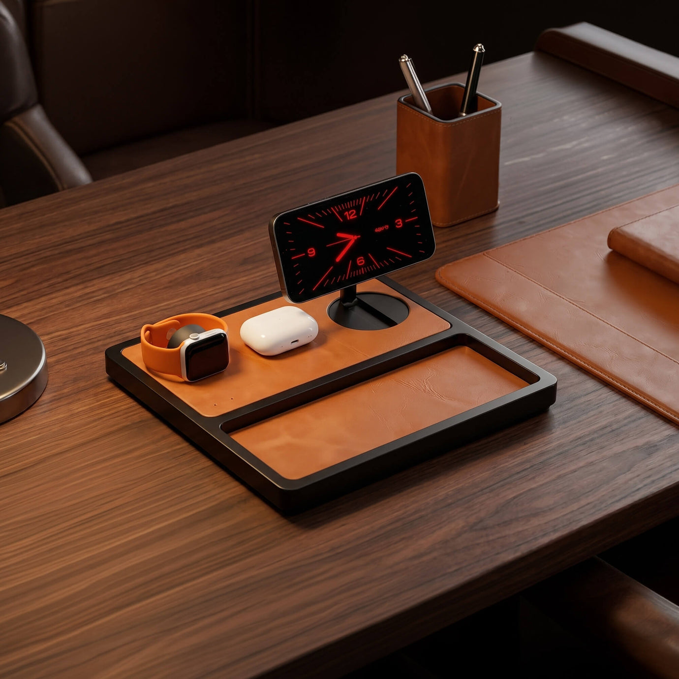 Premium walnut wood charging station with a smartphone resting on a clean oak desk, warm natural light, quiet luxury home office