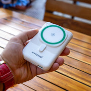 Portable wireless magnetic power bank charging devices.