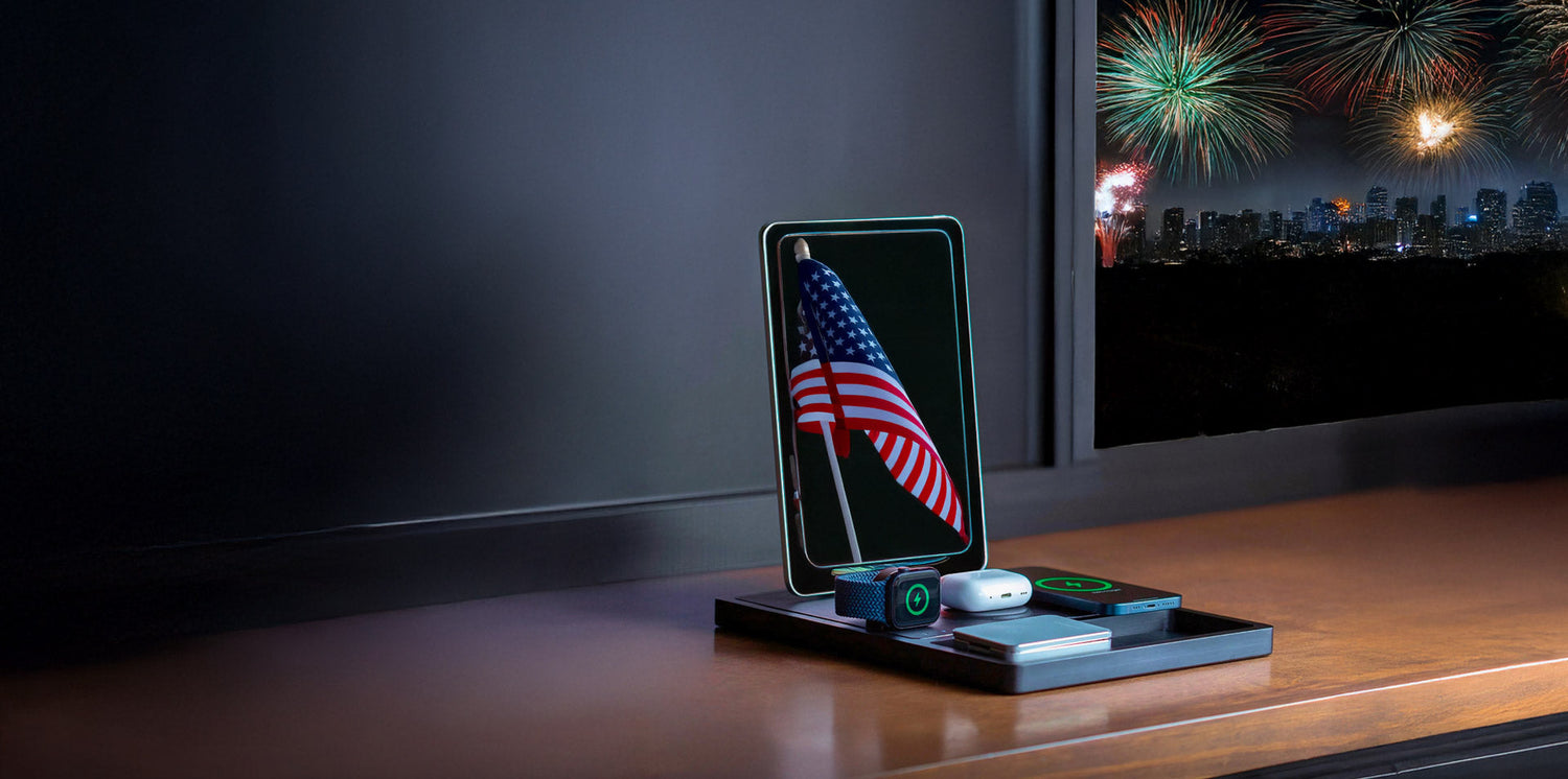 A premium leather charging pad powering a smartphone and wireless earbuds.