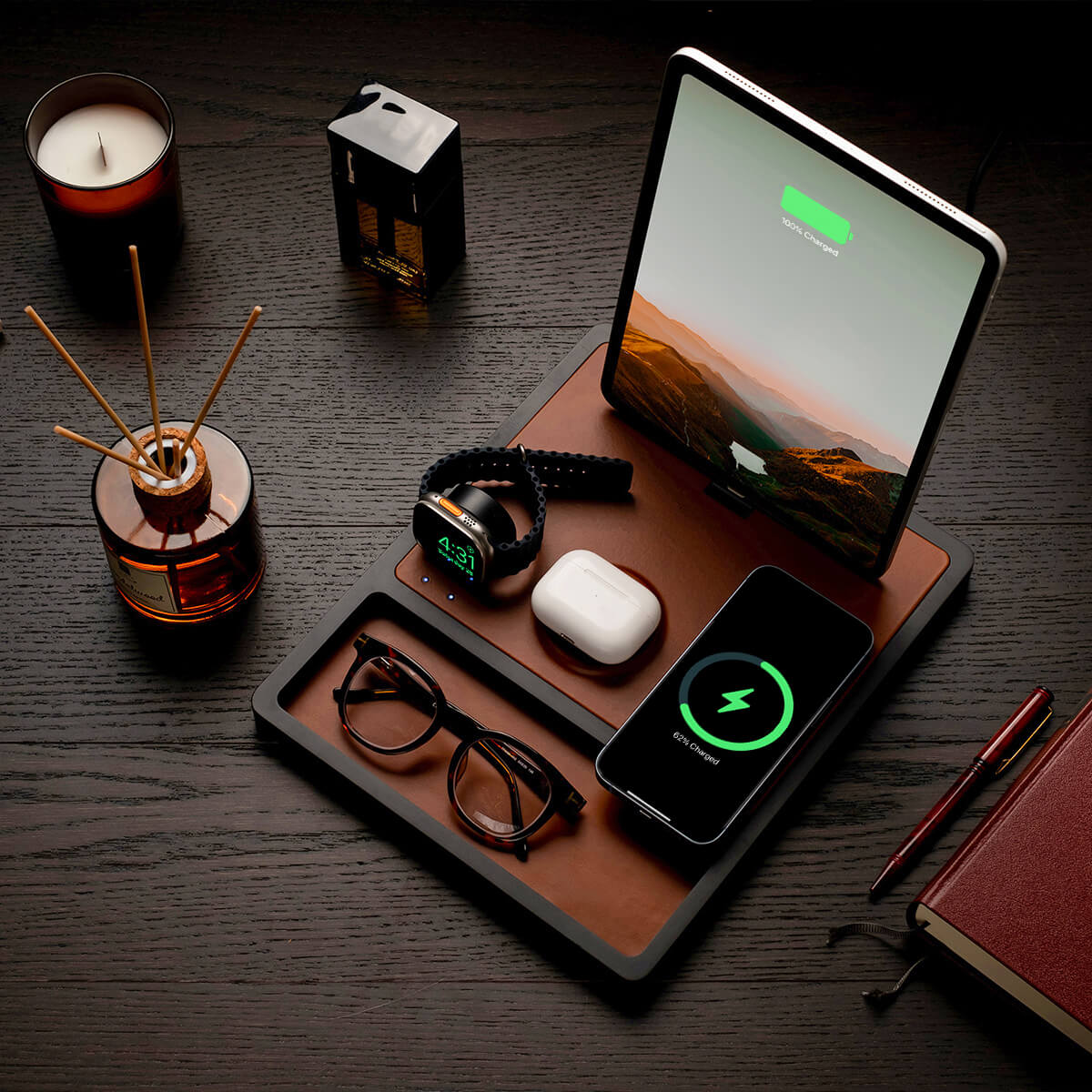 Premium wood nightstand with iPad, iPhone, and AirPods on a handcrafted charging station