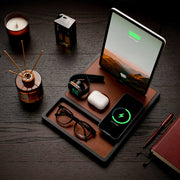 Premium wood nightstand with iPad, iPhone, and AirPods on a handcrafted charging station
