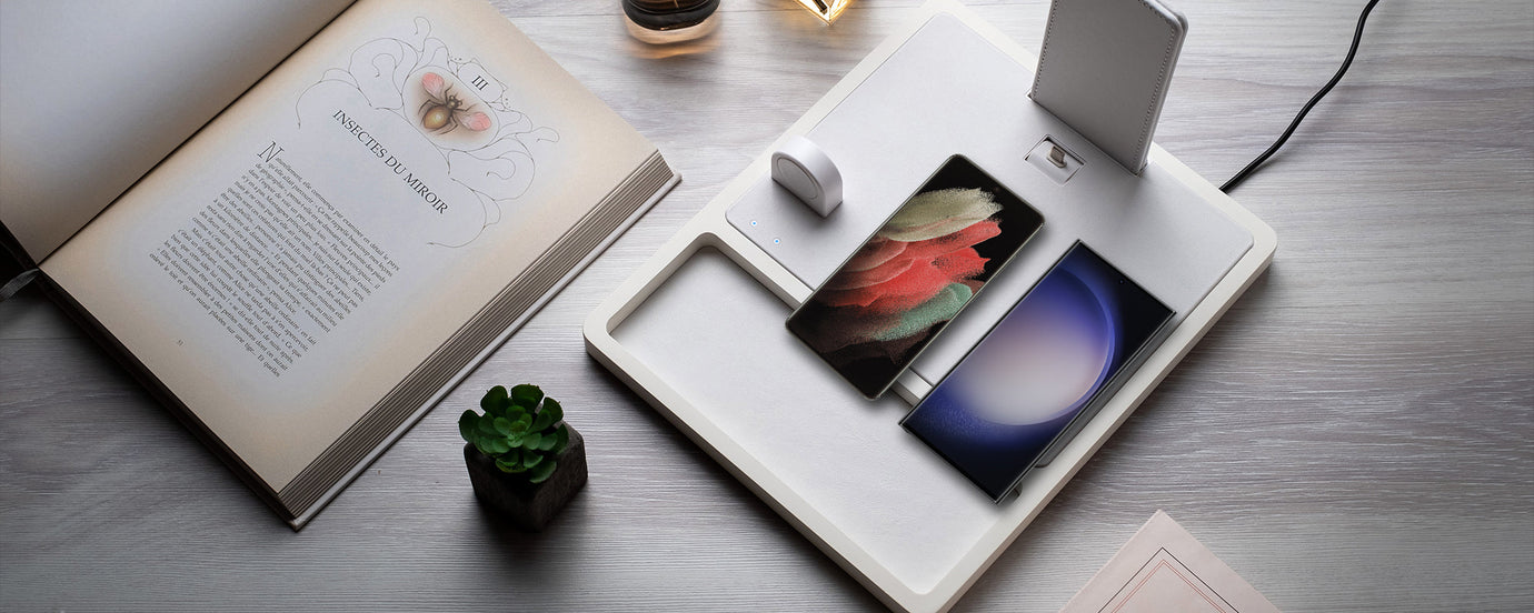  A bamboo Android charging dock keeps multiple devices organized for clutter-free charging.