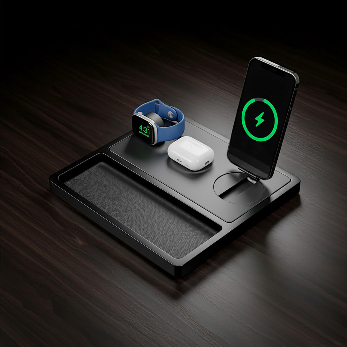 A 3-in-1 charging station for an iPhone, Watch, and AirPods on an organized nightstand.