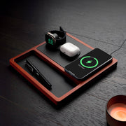Wooden wireless charging station for Apple devices.