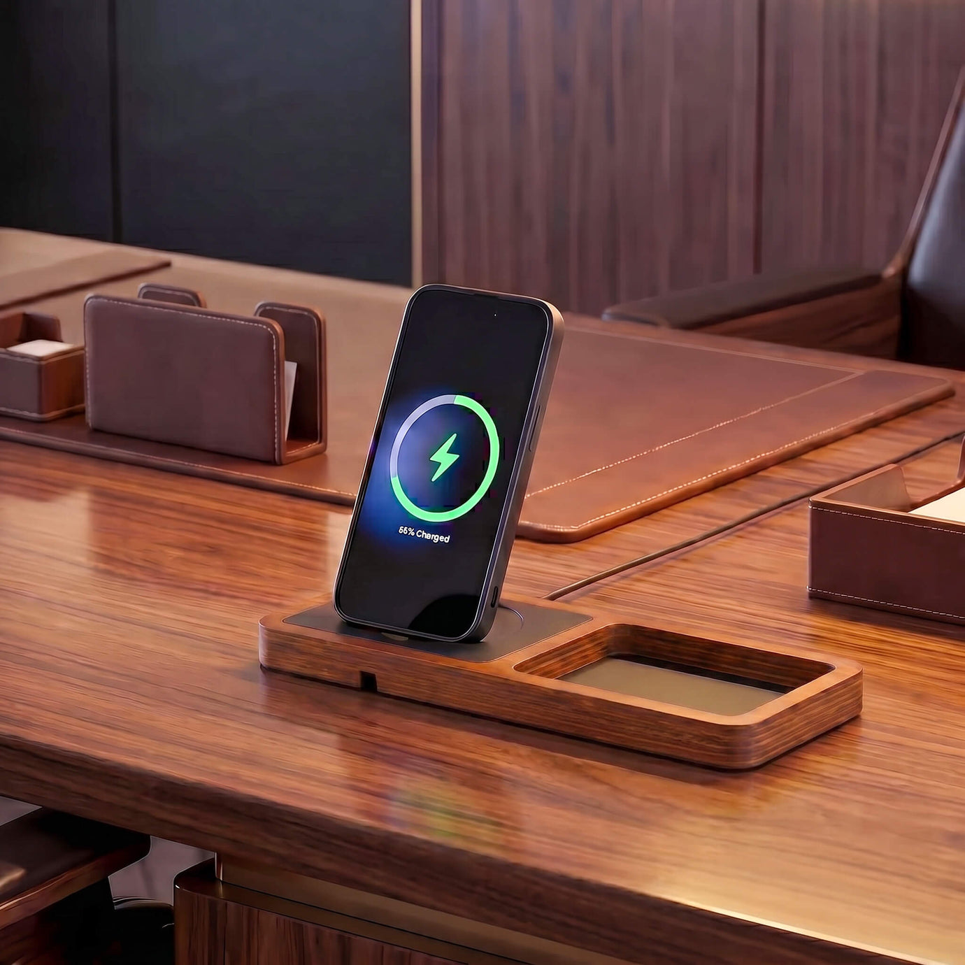 Premium wireless charging station on a wooden nightstand with warm ambient light