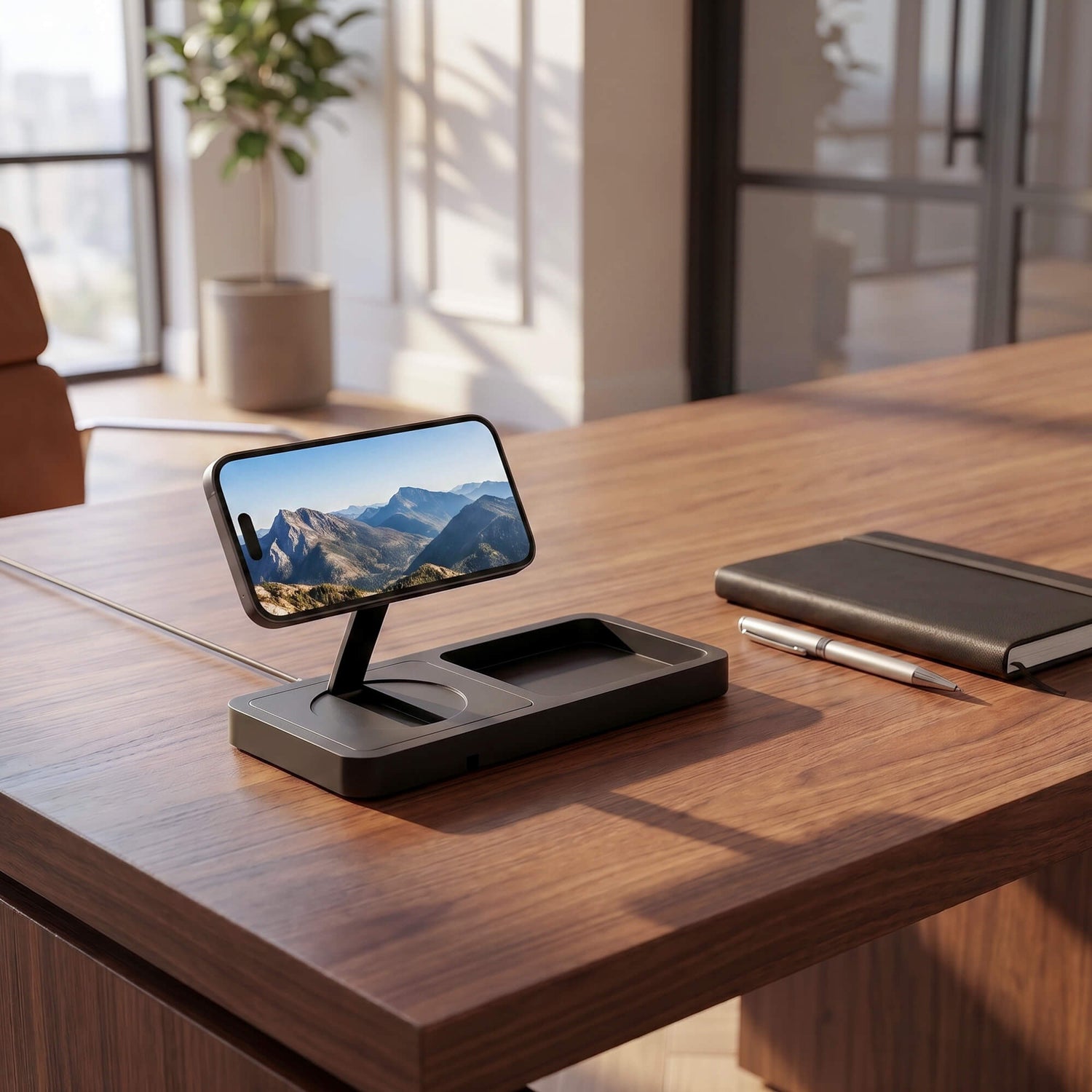 Premium handcrafted wood and leather wireless charging stations arranged on an executive desk as corporate gifts for employees