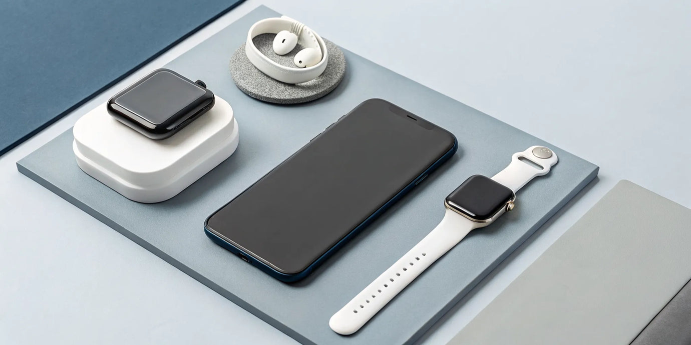 A minimalist iPhone charging dock powering a phone, smartwatch, and earbuds.
