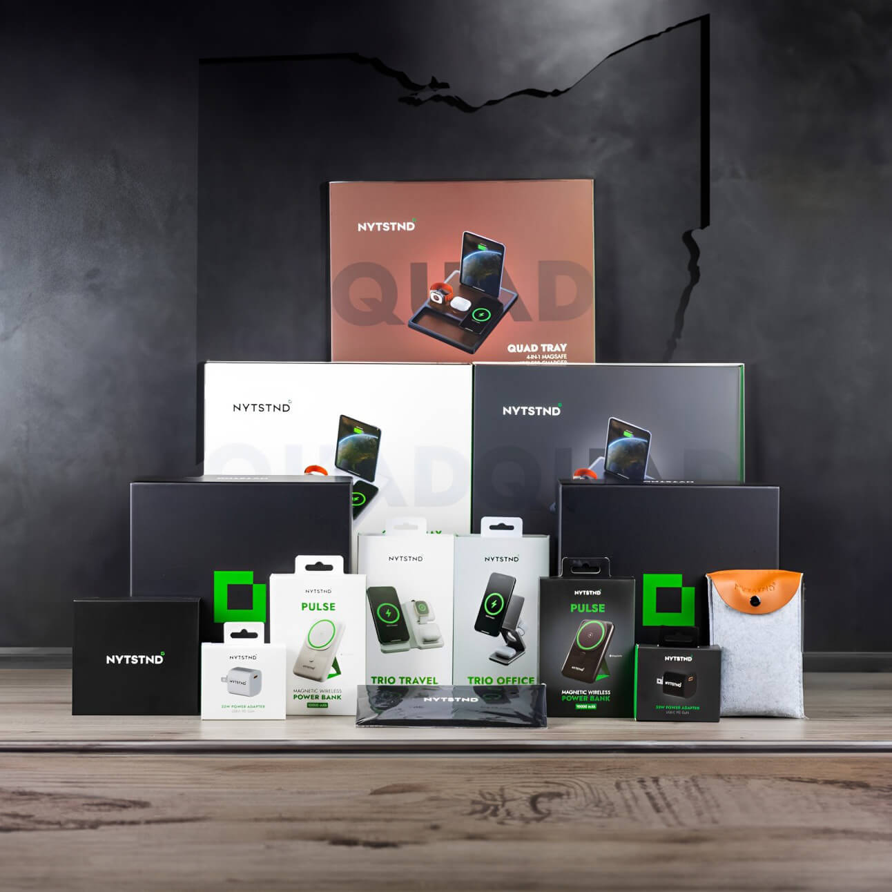 Wireless charging station for an iPhone, Apple Watch, and AirPods.