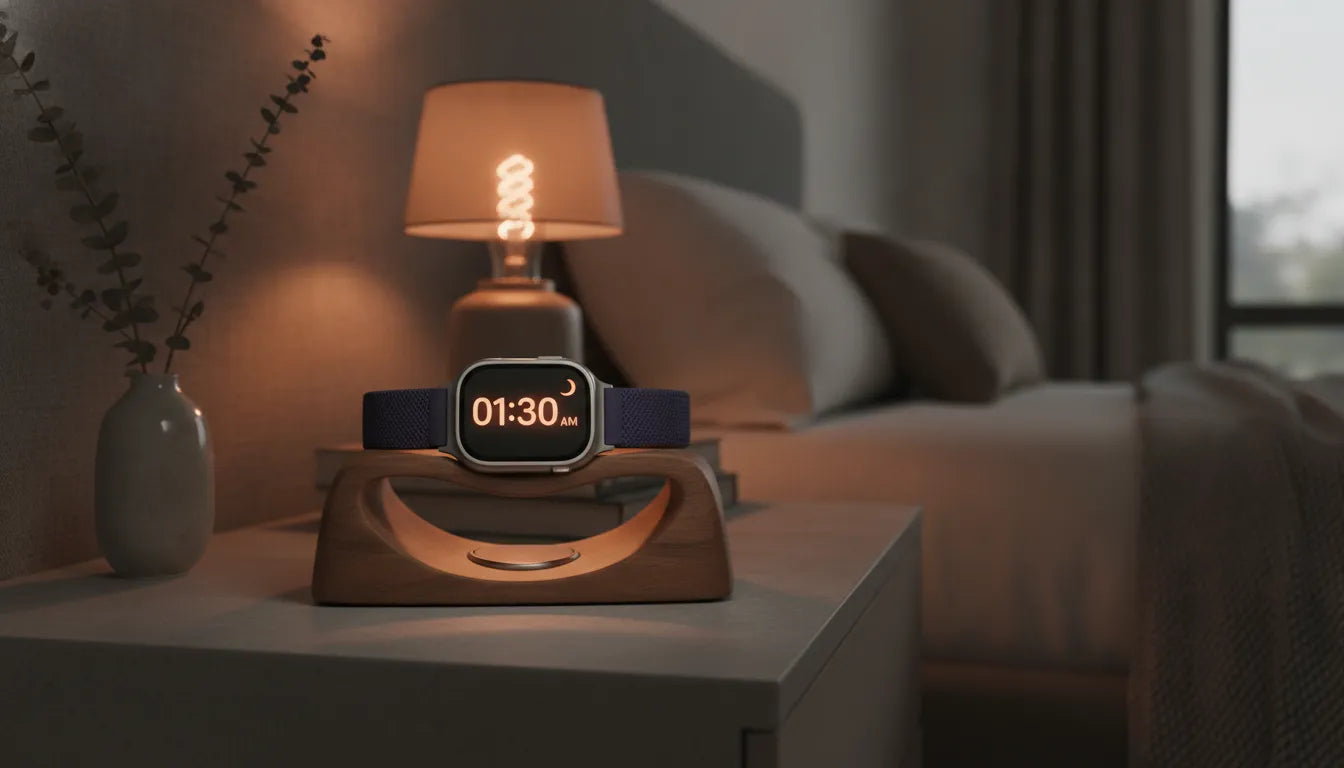Apple Watch charging in nightstand mode on a premium wood stand with warm ambient lighting