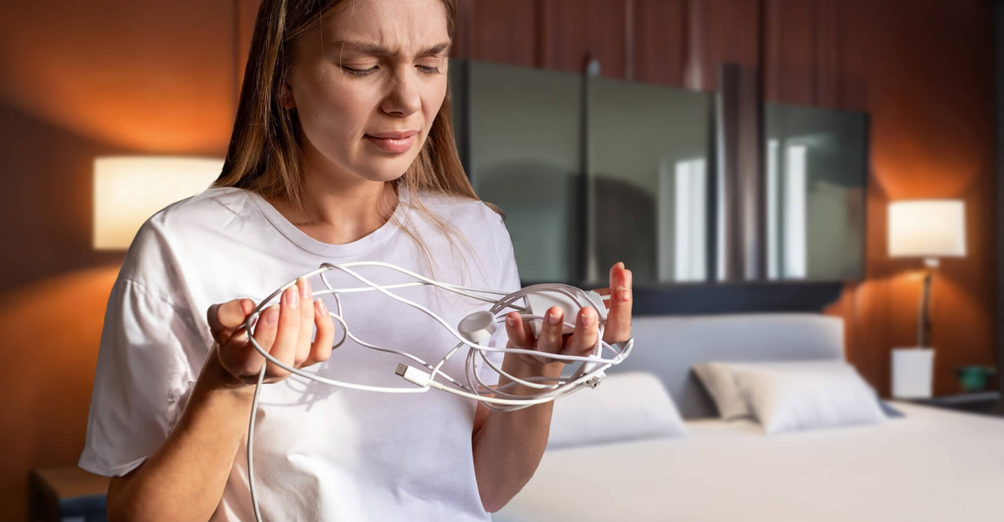 An organized nightstand charging station with devices charging and cables hidden for a clutter-free look.