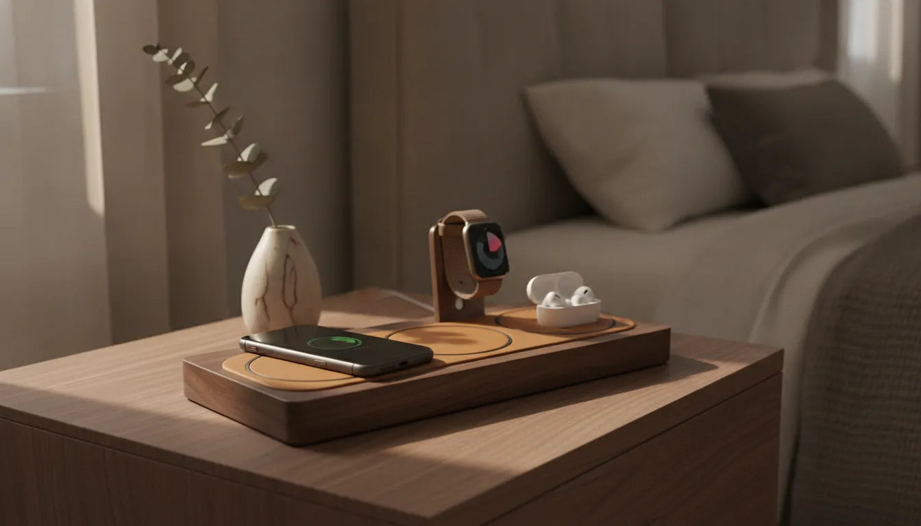 Premium wood and leather all-in-one charging station on a nightstand charging iPhone, Apple Watch, and AirPods