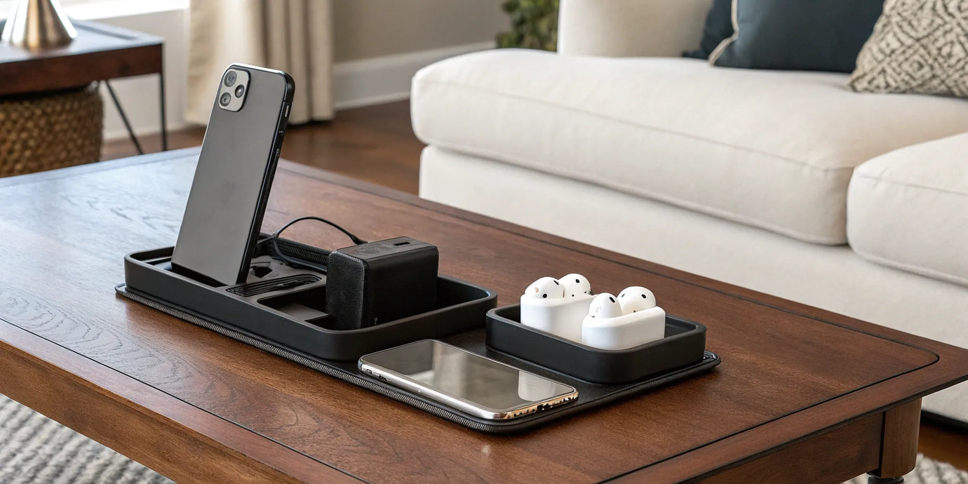 Apple charging station powers iPhone and AirPods.