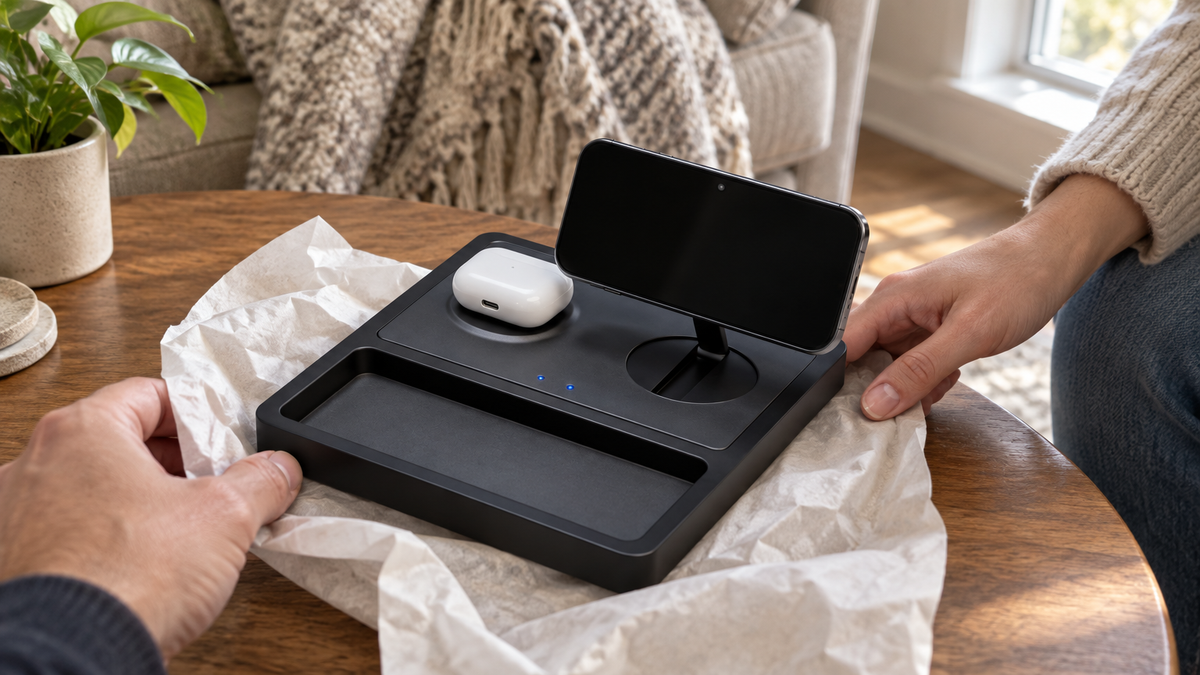 A person unwraps the black NYTSTND DUO TRAY, holding a phone and earbuds on a wooden table.