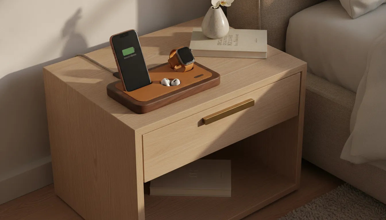 best charging station for multiple apple devices on a wood nightstand