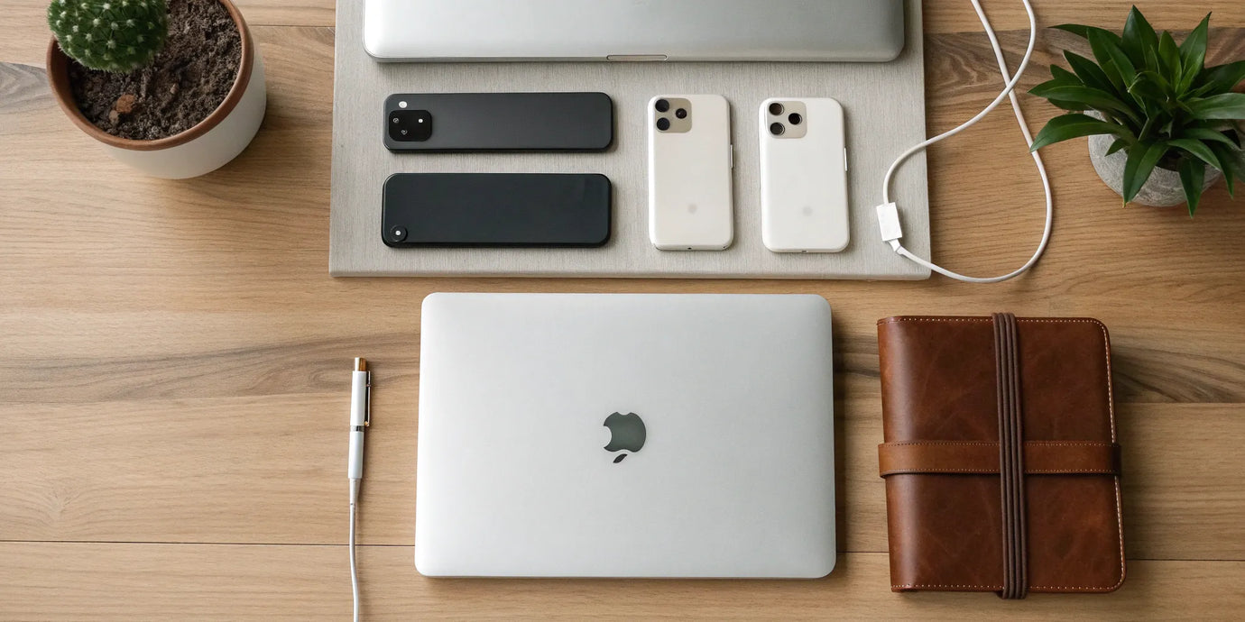 Tidy desk charging station organizer with devices and plants.