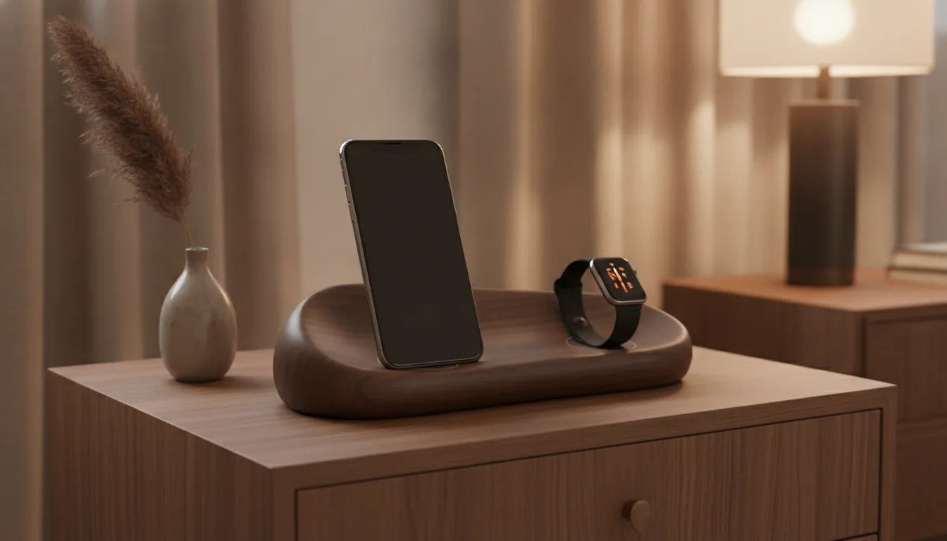 Premium wooden charging station on walnut nightstand with iPhone and Apple Watch, warm ambient lighting, quiet luxury aesthetic