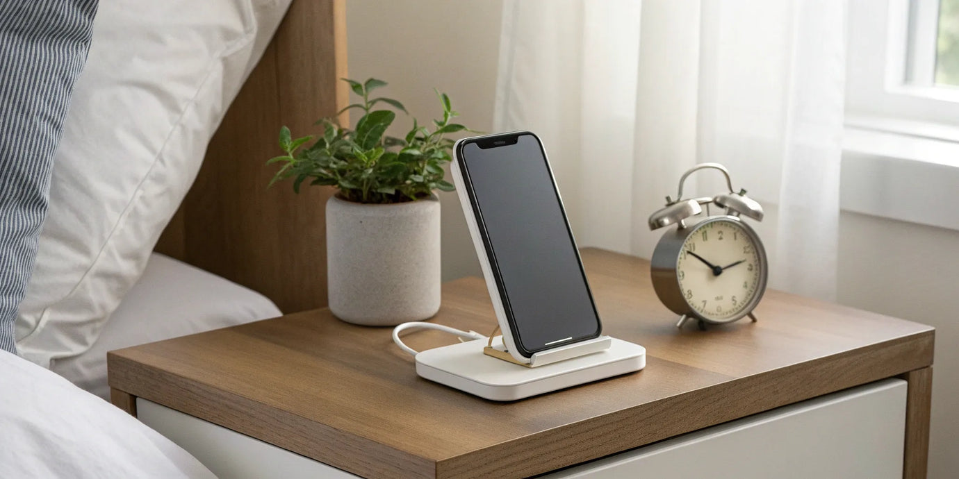 iPhone on MagSafe charging stand.