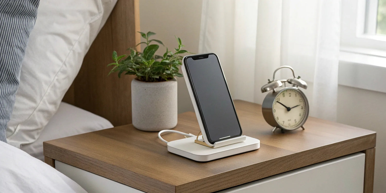 iPhone on MagSafe charging stand.