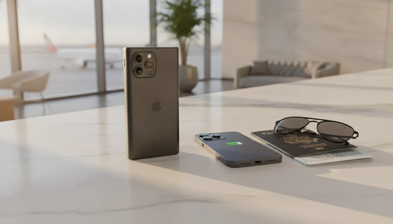 Premium MagSafe power bank on marble counter next to iPhone, passport, and sunglasses