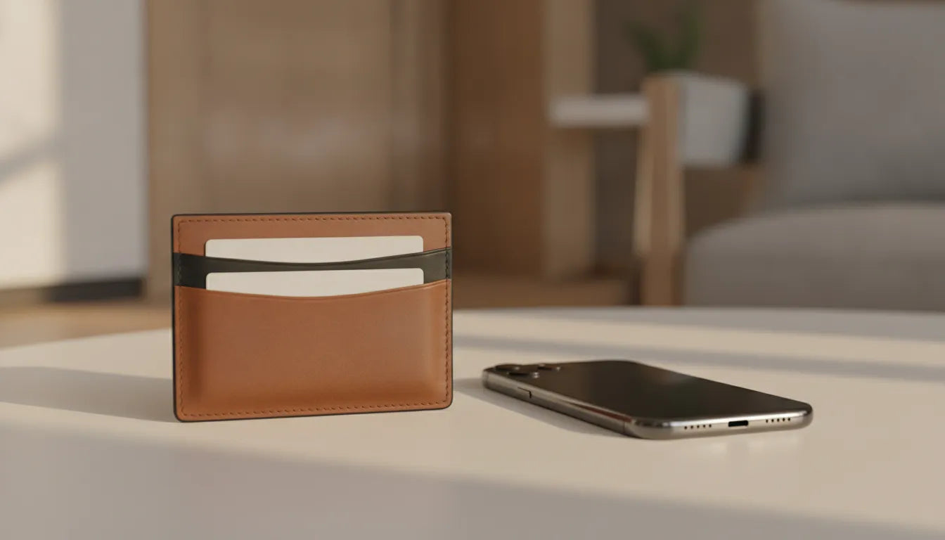 Premium full-grain leather MagSafe wallet in saddle brown and black with a slim cardholder profile