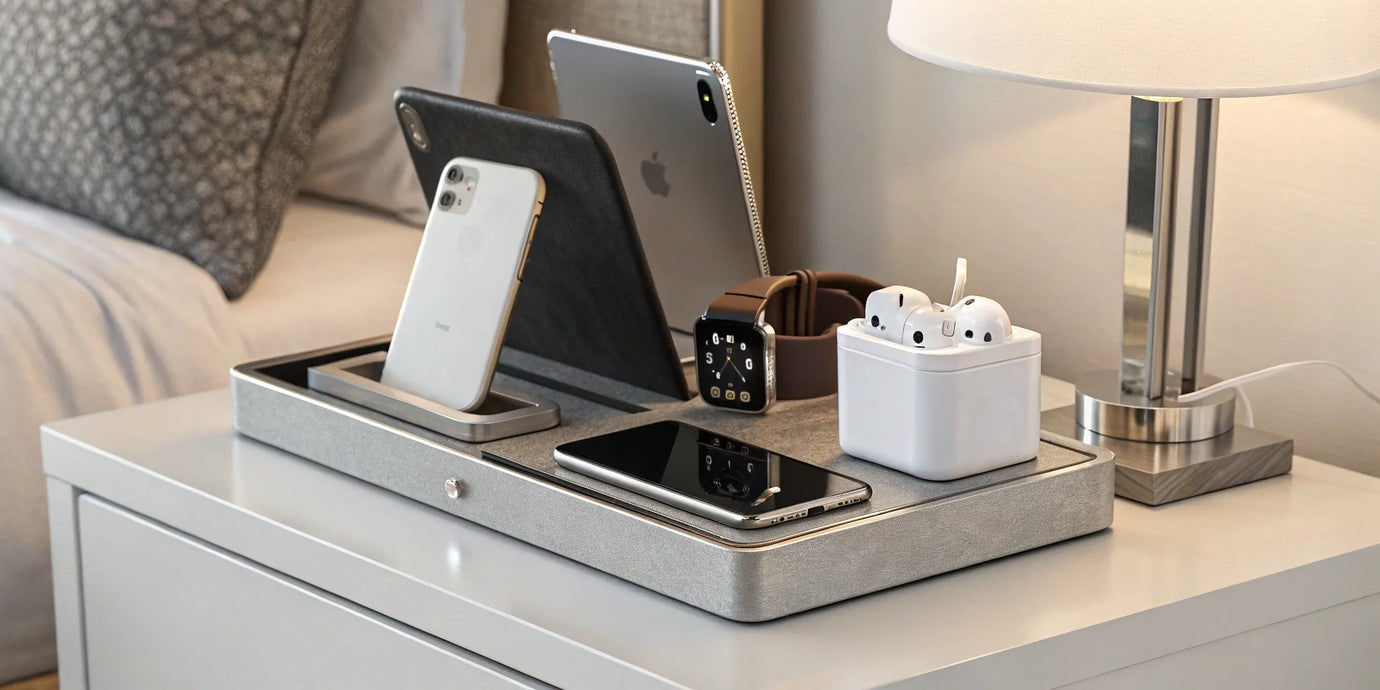 Multi-device charging station powers phone, tablet, smartwatch, and earbuds.