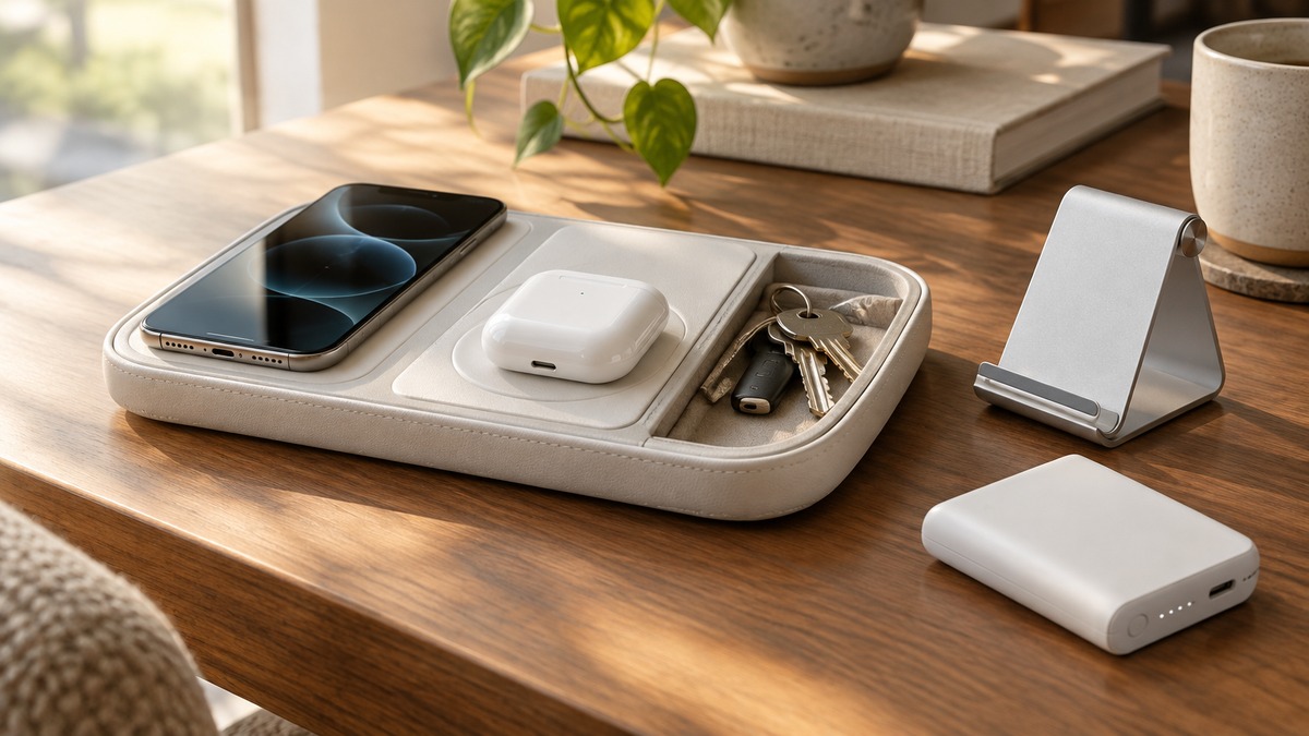 A phone, earbuds, keys, charging stand, and power bank sit on a cream tray on a sunlit wooden desk.