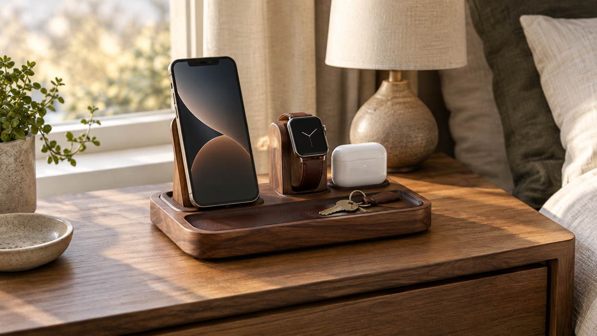 A phone, smartwatch, earbuds, and keys rest on a wooden valet tray beside a lamp.