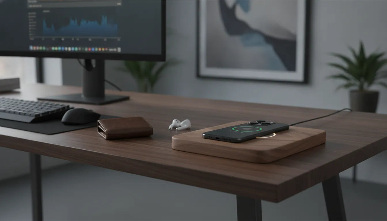 Premium wood wireless charging station on a modern desk with iPhone and leather wallet