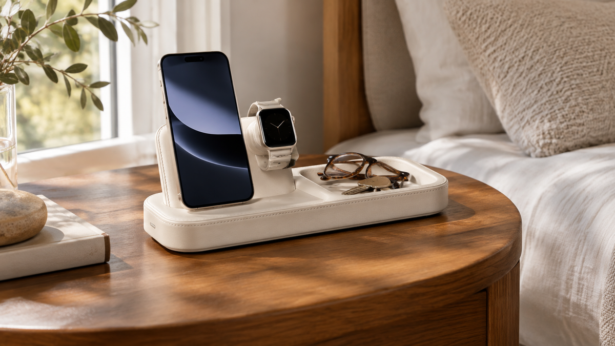 A phone and smartwatch sit on a cream charging stand beside glasses on a wooden bedside table.