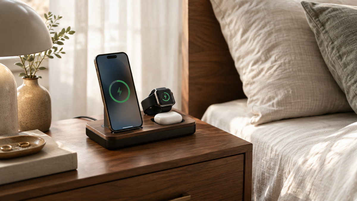 A phone, smartwatch, and earbuds charge on a wooden bedside table beside a bed.