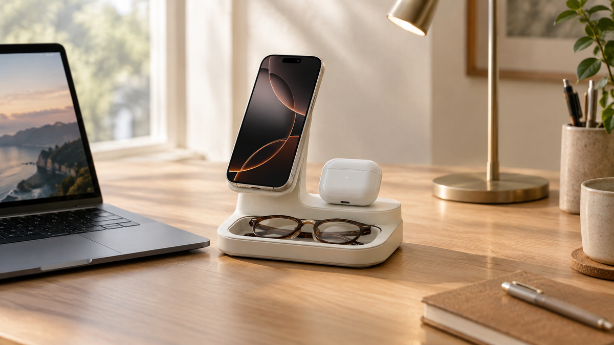 A phone, earbuds, and glasses sit on a charging stand beside a laptop on a sunlit desk.