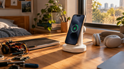 A phone showing a green charging symbol sits on a stand on a sunlit desk beside headphones and robotics parts.