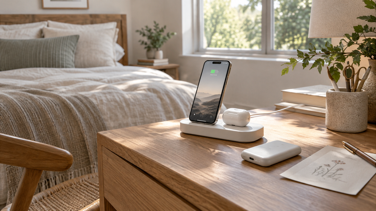 A smartphone and earbuds charge on a wooden bedside table in a sunlit bedroom.