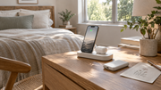 A smartphone and earbuds charge on a wooden bedside table in a sunlit bedroom.