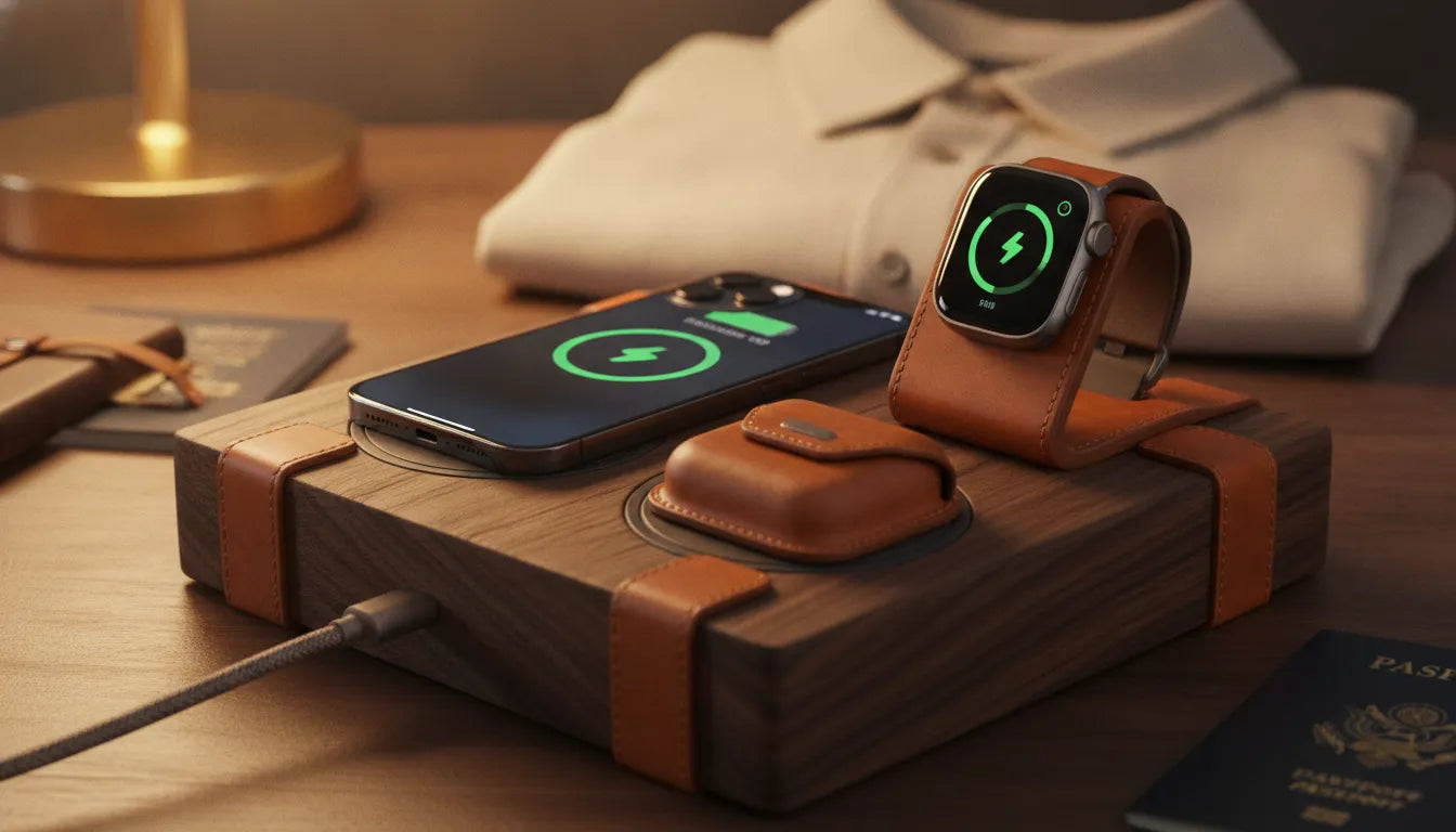 Premium travel charging station on a wooden surface with leather accents