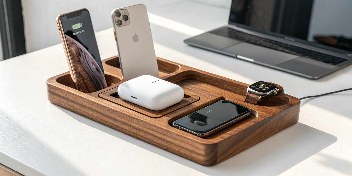 Wooden charging station organizing a smartphone, smartwatch, and earbuds.