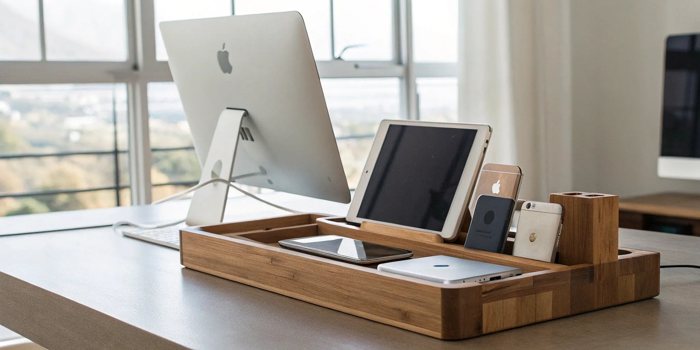 Wooden multi-device charging station neatly organizing a tablet and smartphones.
