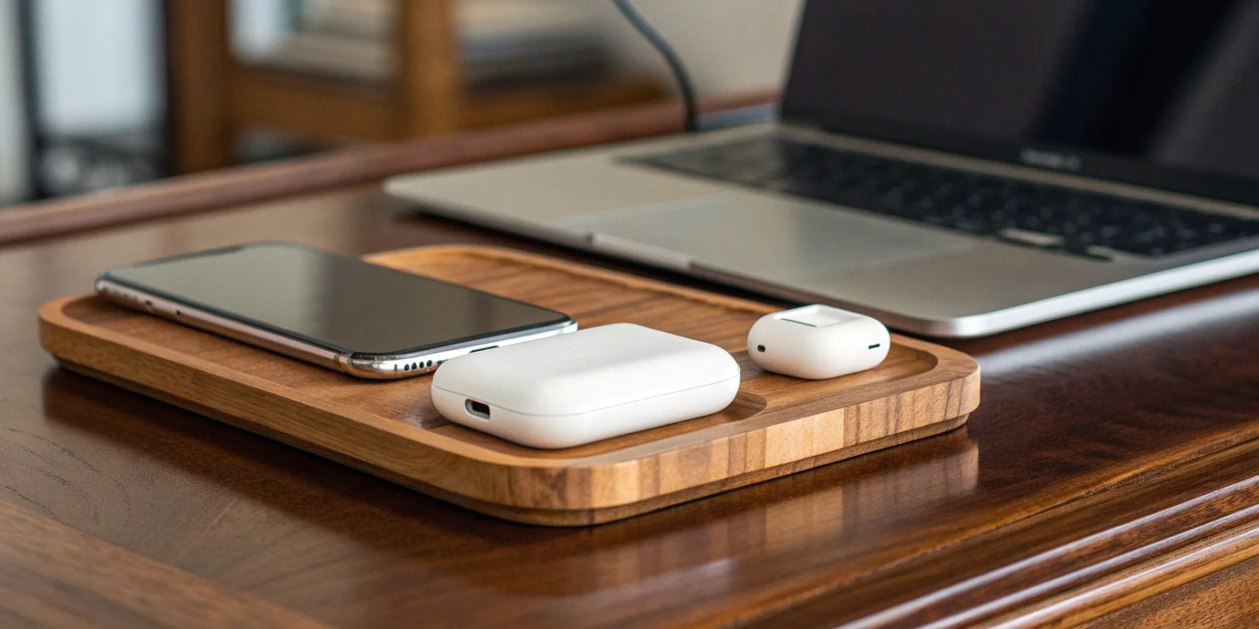 Wooden wireless charging station for Apple devices.