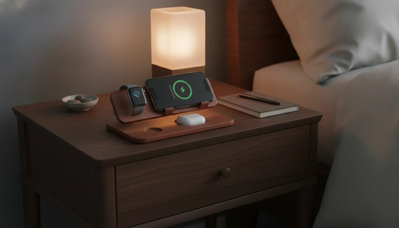 Premium wooden wireless charging station on a nightstand with iPhone, Apple Watch, and AirPods