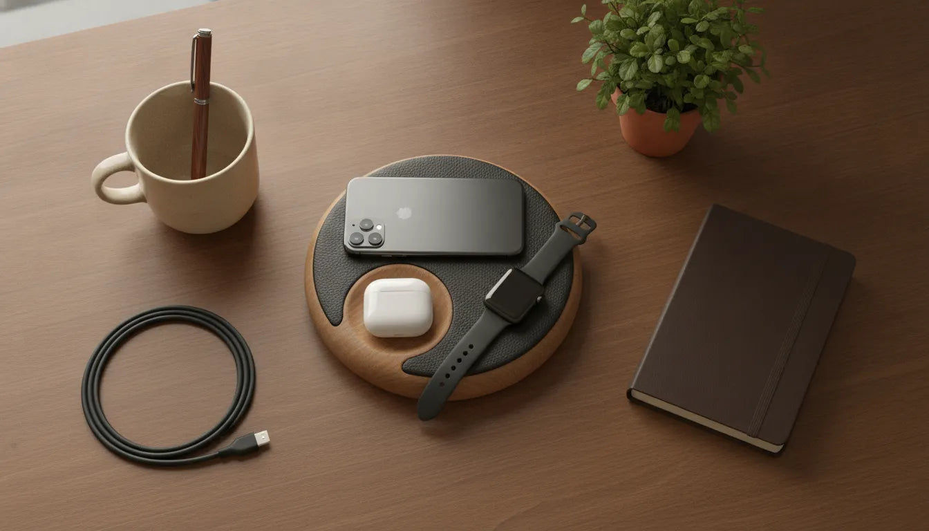 Premium wood and leather charging station and desk organizer holding an iPhone, Apple Watch, and earbuds on a tidy desk