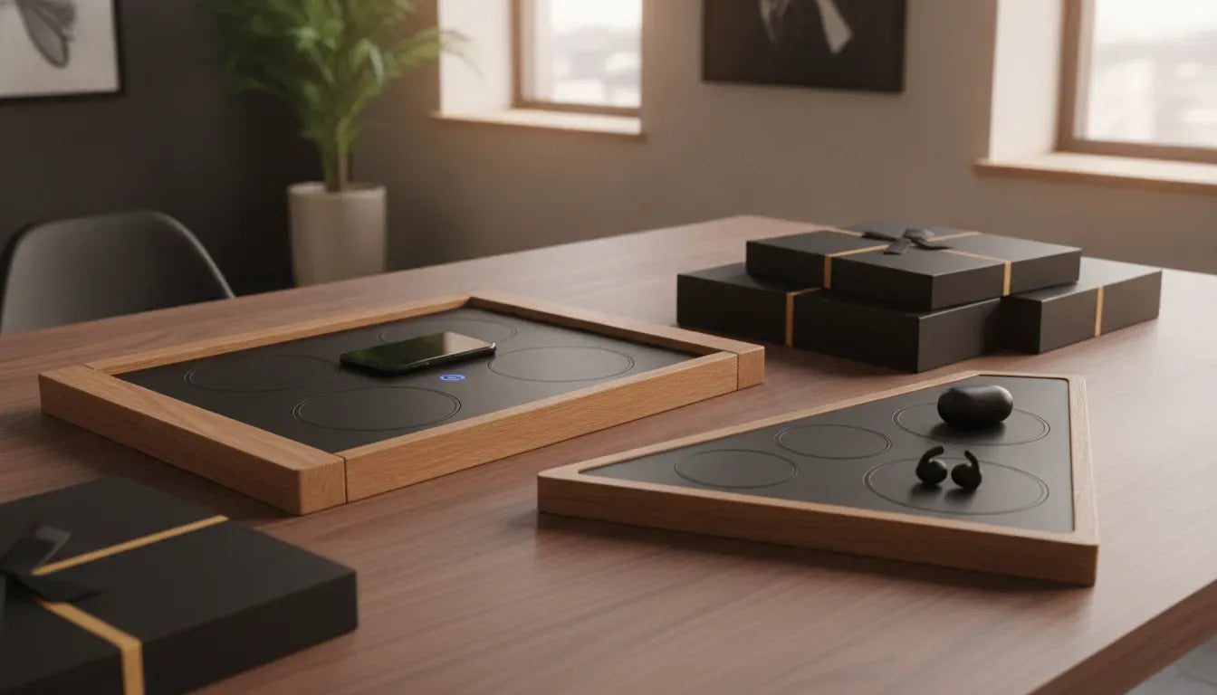 Premium handcrafted wood and leather wireless charging stations arranged on an executive desk as corporate gifts for employees