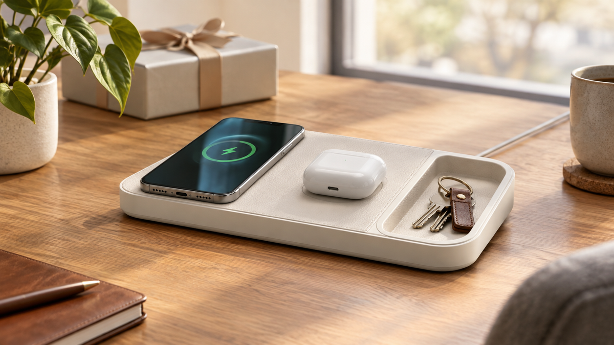A phone charging wirelessly beside earbuds and keys on a tray atop a wooden desk.