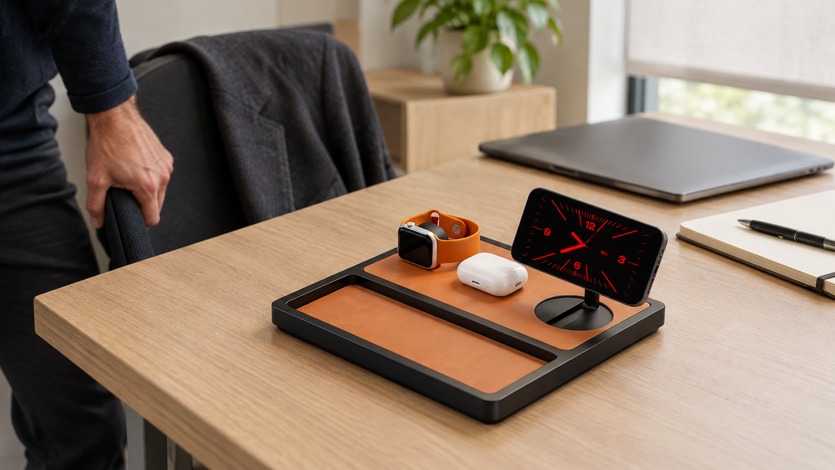 NYTSTND TRIO TRAY Qi2 holds a smartwatch, earbuds, and phone on a wooden desk.