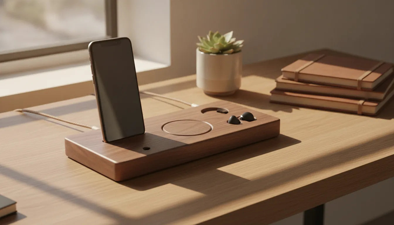 Premium walnut wood charging station on a modern desk with iPhone and Apple Watch, warm natural light, organized minimalist workspace